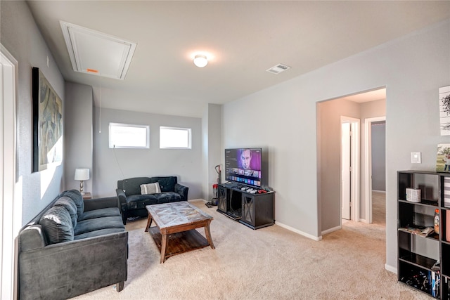 living room featuring light colored carpet