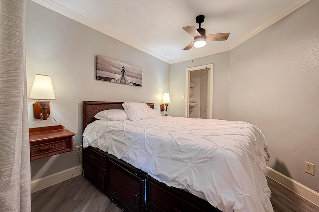 bedroom featuring ceiling fan, crown molding, and dark wood-type flooring