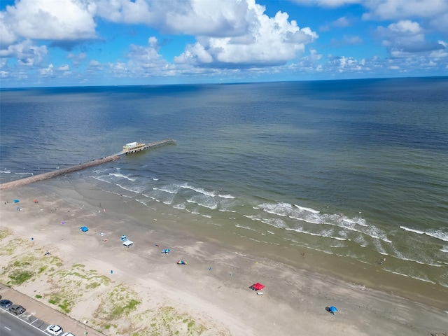 bird's eye view featuring a water view and a view of the beach