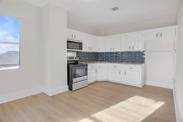 kitchen featuring range with electric stovetop, white cabinets, and light hardwood / wood-style floors