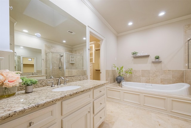 bathroom featuring vanity, shower with separate bathtub, and crown molding