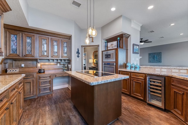 kitchen with hanging light fixtures, wine cooler, ceiling fan, a kitchen island, and stainless steel appliances