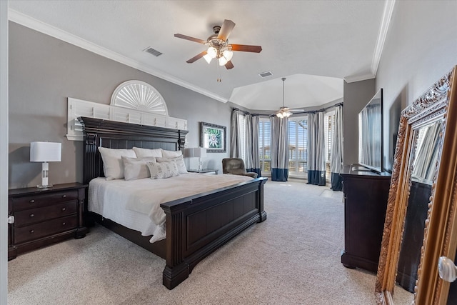 bedroom featuring ceiling fan, crown molding, and light carpet