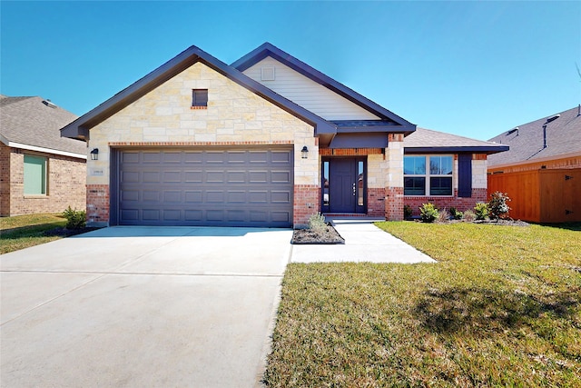 view of front of property with concrete driveway, brick siding, and a front lawn