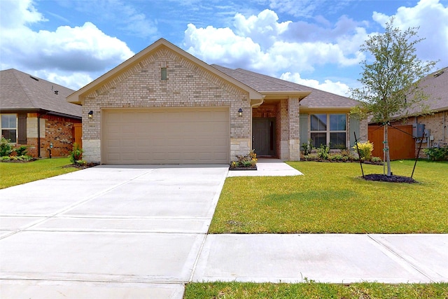 19814 Paros Island Dr, Hockley, TX 77447 - single story home featuring brick siding, an attached garage, a front yard, concrete driveway, and a shingled roof