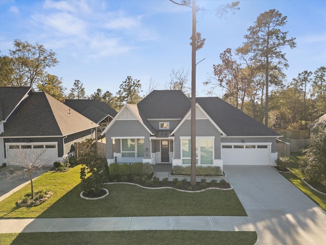 view of front of property with covered porch, a garage, and a front yard