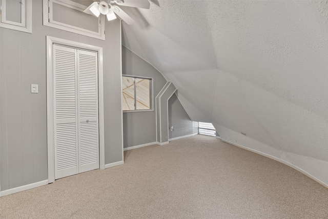 additional living space with vaulted ceiling, carpet, and a textured ceiling