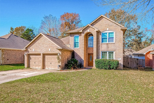 front facade featuring a garage and a front lawn