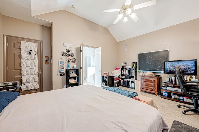 tiled bedroom with ceiling fan and lofted ceiling