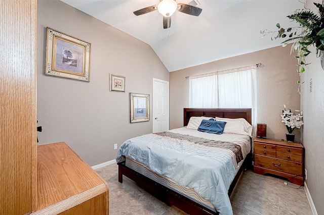 bedroom featuring ceiling fan and lofted ceiling