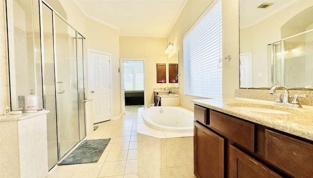 bathroom with tile patterned floors, plenty of natural light, and crown molding