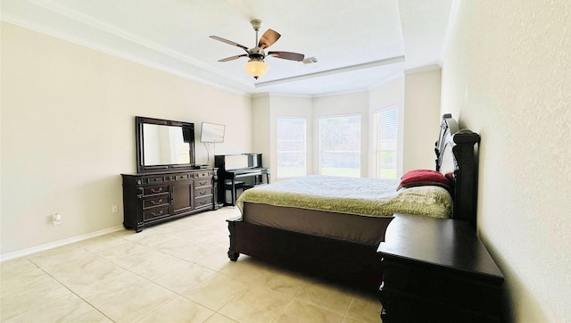 bedroom featuring ceiling fan, crown molding, and light tile patterned floors