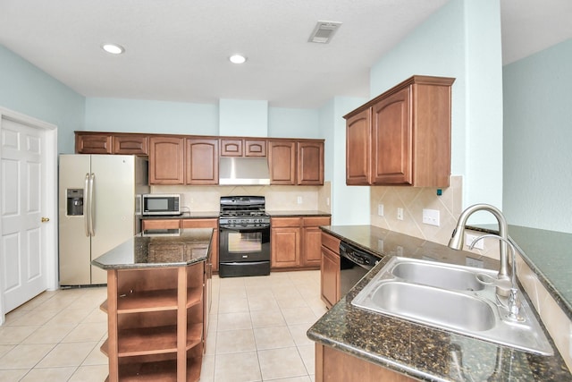 kitchen with extractor fan, sink, black appliances, a kitchen island, and light tile patterned flooring