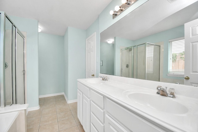 bathroom featuring vanity, tile patterned floors, and an enclosed shower