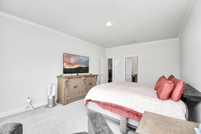 carpeted bedroom featuring ornamental molding