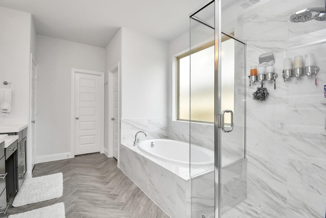 bathroom with shower with separate bathtub, vanity, and parquet floors