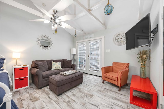 living room with french doors, vaulted ceiling with beams, light hardwood / wood-style floors, and ceiling fan