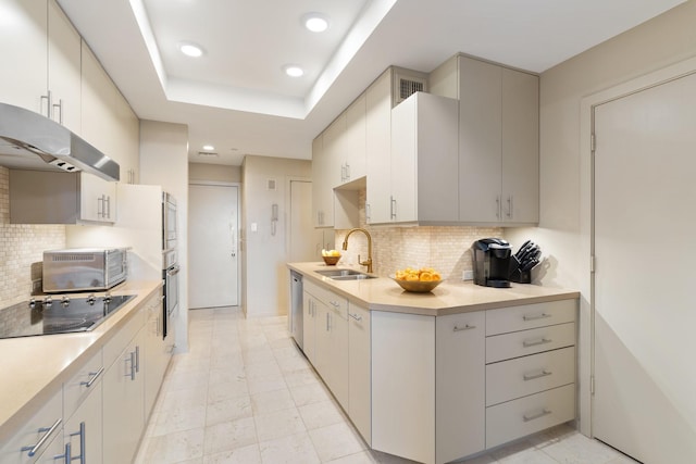 kitchen with tasteful backsplash, sink, a tray ceiling, and appliances with stainless steel finishes