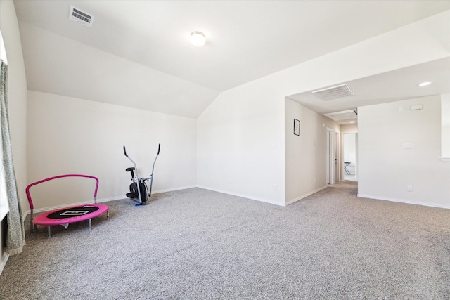 playroom with carpet flooring and lofted ceiling