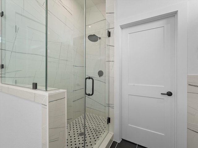 bathroom featuring a shower with shower door