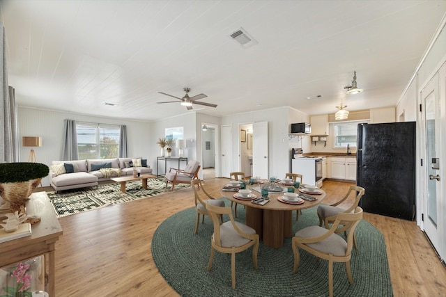 dining area with ceiling fan, sink, ornamental molding, and light hardwood / wood-style flooring