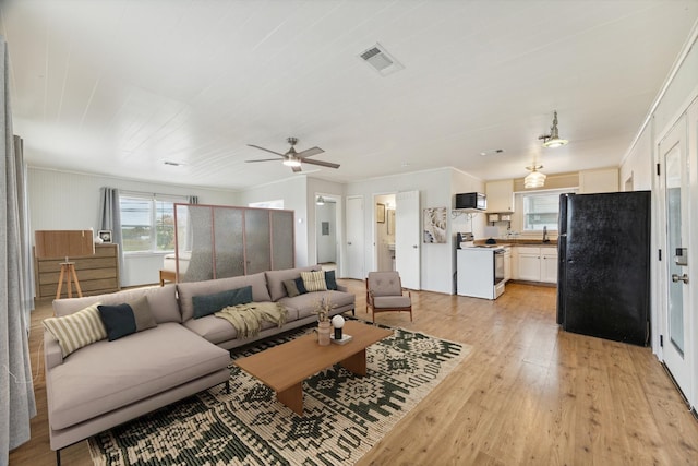 living room with ceiling fan, crown molding, light hardwood / wood-style floors, and sink