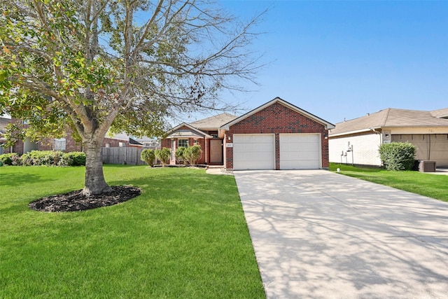 single story home featuring a garage, central air condition unit, and a front lawn