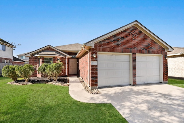 single story home with a garage and a front yard