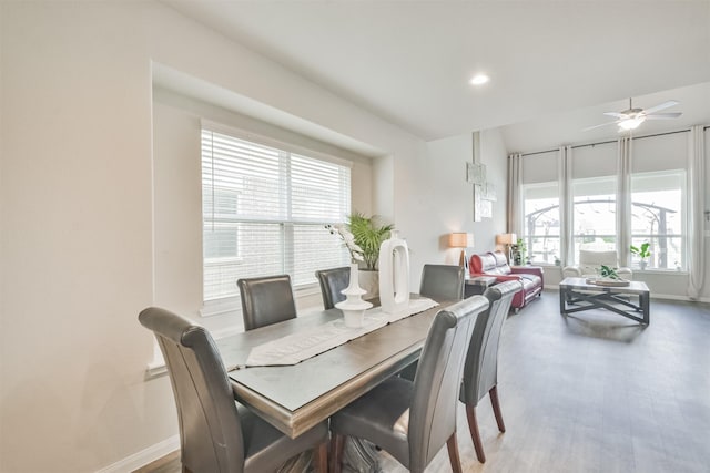 dining area with hardwood / wood-style floors and ceiling fan