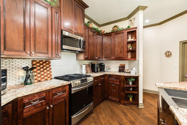 kitchen with light stone countertops, tasteful backsplash, ornamental molding, stainless steel appliances, and dark wood-type flooring