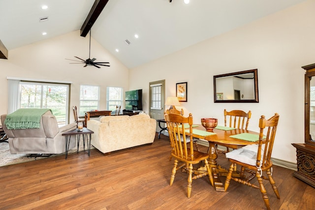 dining space with hardwood / wood-style floors, high vaulted ceiling, billiards, ceiling fan, and beam ceiling