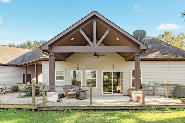 back of property featuring outdoor lounge area, central AC unit, ceiling fan, and a deck