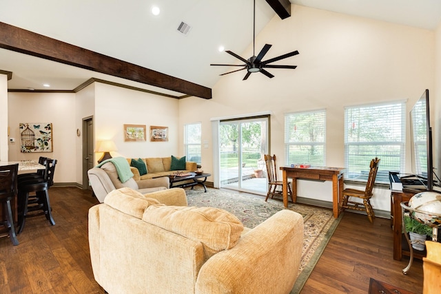 living room with plenty of natural light, high vaulted ceiling, and dark hardwood / wood-style floors