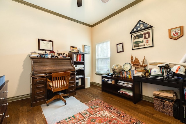 office featuring ornamental molding, ceiling fan, and dark wood-type flooring