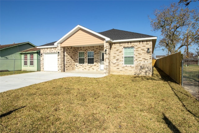 ranch-style home featuring covered porch, a garage, and a front lawn