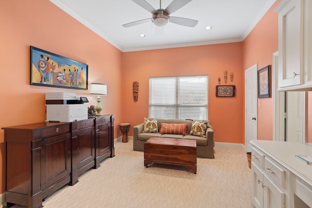 interior space with crown molding, light carpet, and ceiling fan