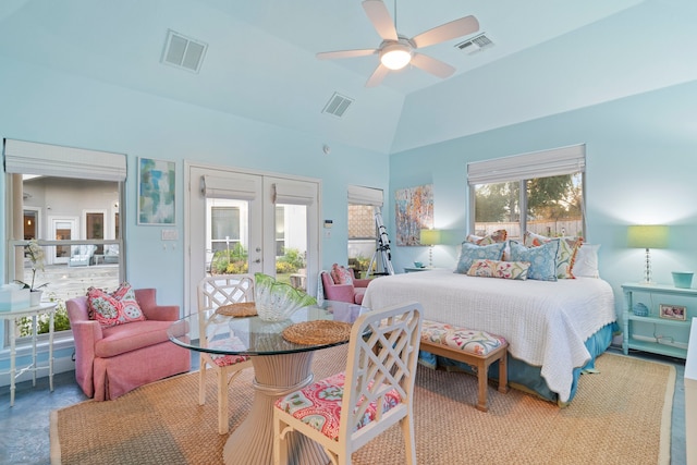 bedroom featuring access to outside, french doors, ceiling fan, and vaulted ceiling