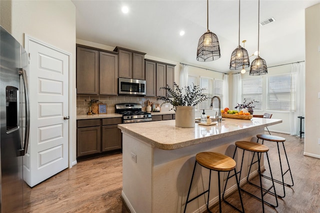 kitchen with decorative backsplash, appliances with stainless steel finishes, a center island with sink, light hardwood / wood-style flooring, and hanging light fixtures