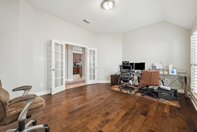 office with french doors, lofted ceiling, and dark hardwood / wood-style flooring