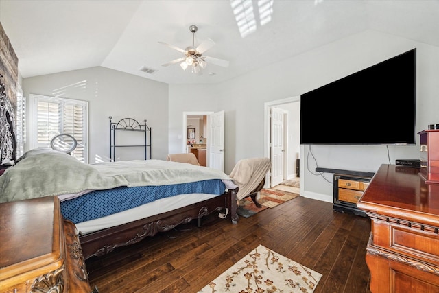 bedroom featuring ceiling fan, lofted ceiling, and hardwood / wood-style floors