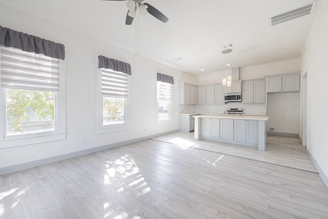 kitchen featuring decorative backsplash, stainless steel appliances, a center island with sink, gray cabinets, and hanging light fixtures