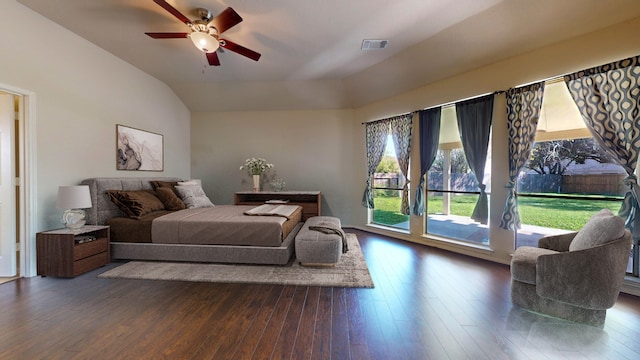 bedroom with ceiling fan, visible vents, access to exterior, vaulted ceiling, and dark wood-style floors