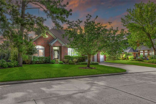 view of front of house with a garage and a yard