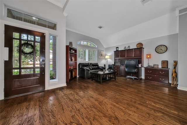 foyer featuring vaulted ceiling and dark wood-type flooring