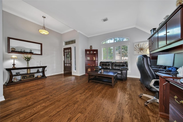 office with lofted ceiling, dark hardwood / wood-style flooring, and crown molding