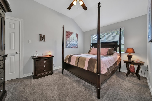 carpeted bedroom featuring ceiling fan and lofted ceiling