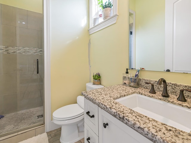 bathroom with vanity, toilet, and a shower with shower door