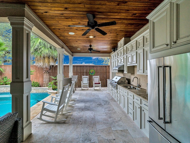 view of patio / terrace featuring a fenced in pool, grilling area, an outdoor kitchen, sink, and ceiling fan