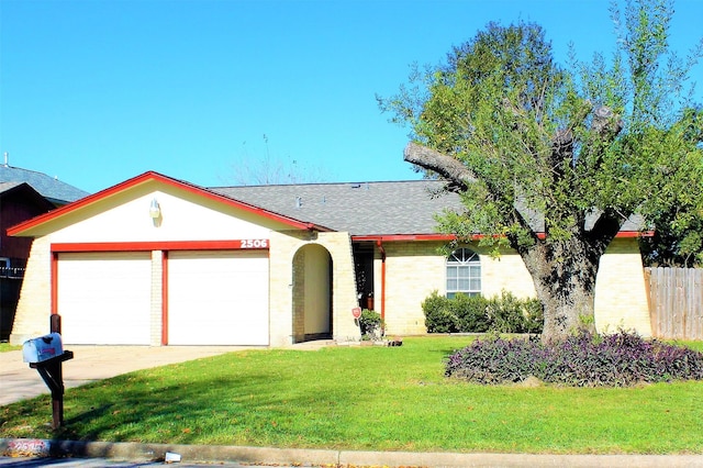 single story home with a garage and a front lawn