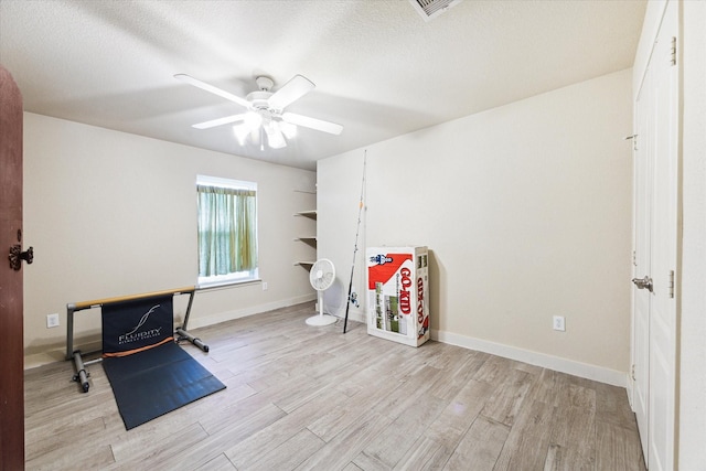 misc room with ceiling fan, a textured ceiling, and light hardwood / wood-style flooring